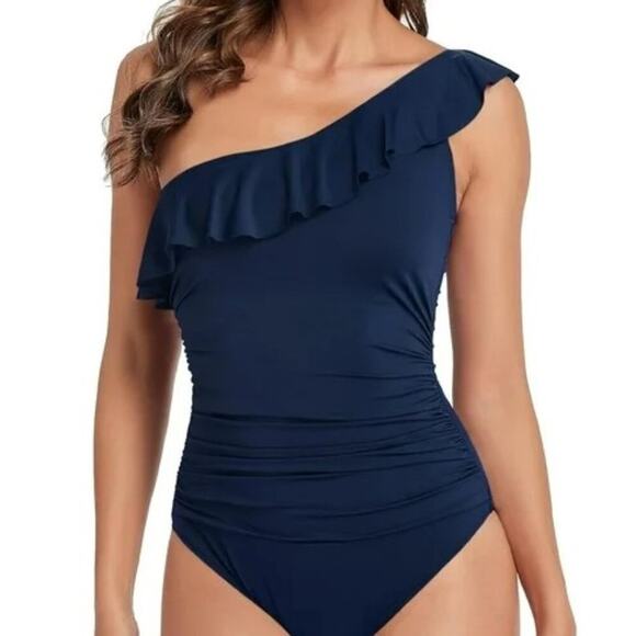 Mycoco Brand Women's Size 8 One Shoulder Ruched Ruffle Monokini Swimsuit Navy - Picture 1 of 6